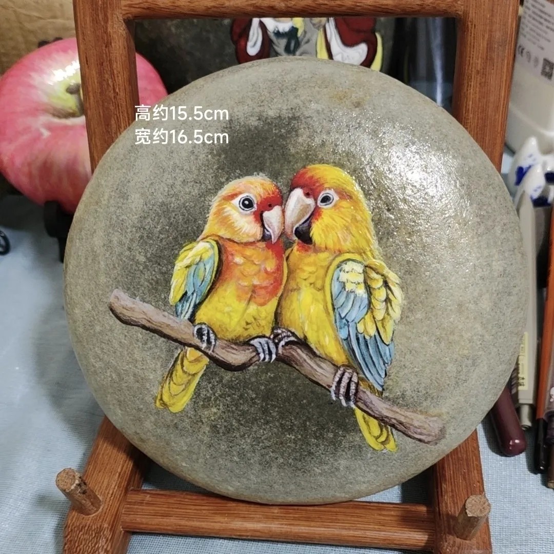 纯手绘 鹦鹉花鸟丙烯石头画防水摆件家居不掉色包邮孤品装饰田园
