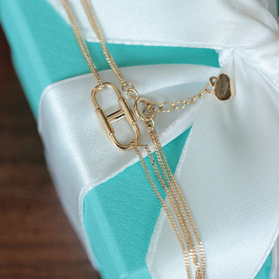 订货 韩国纯14K金素金H字母椭圆扣手链女 双层纤细扁链有延长链