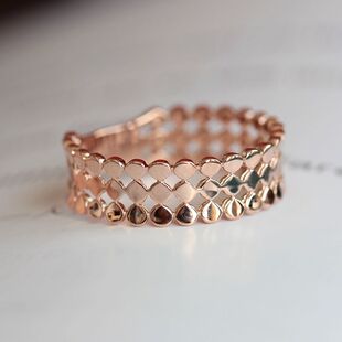 订货 韩国纯14K金素金戒指 三排宽面指环镂空方圆 个性玫瑰金戒子
