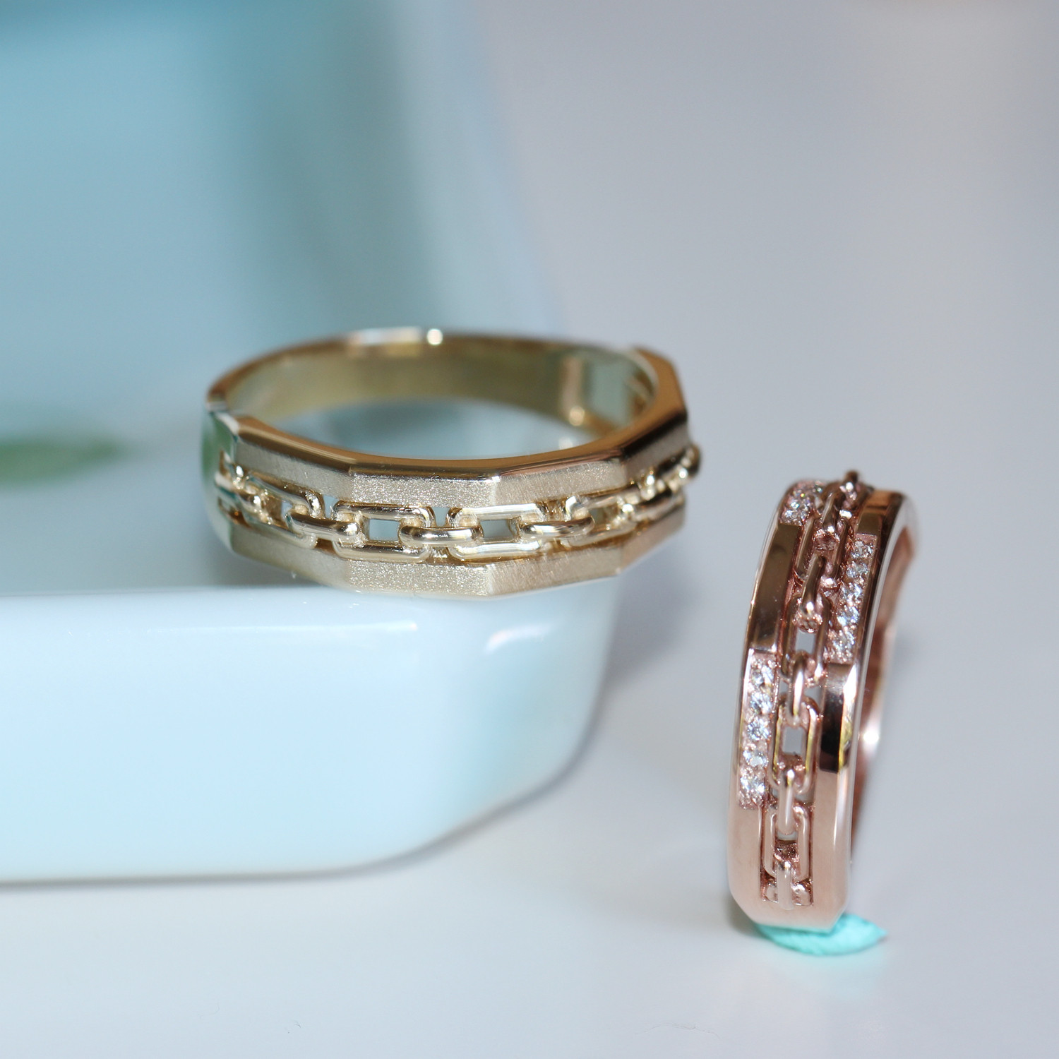 订货 兔兔纯14K金情侣对戒 素金喷砂面男款戒指锁链夹心简约女戒