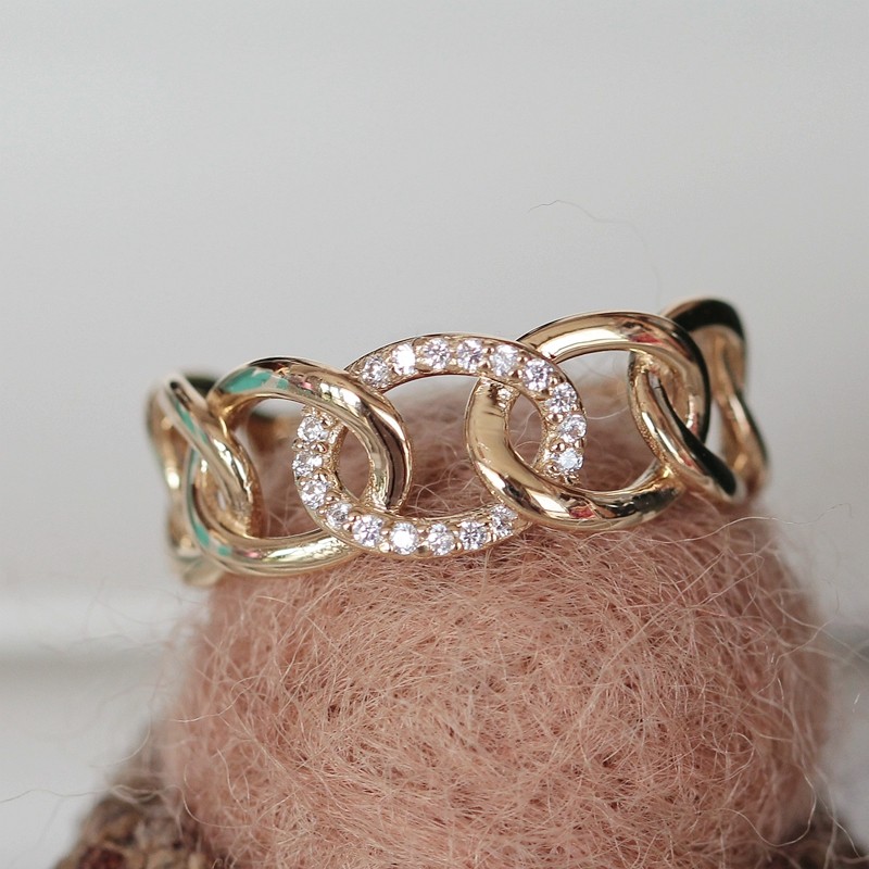 新款现货 韩国纯14K金硬链条戒指欧美风 镶嵌圆环食指戒 七环之歌