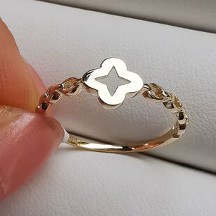 订货兔兔韩国纯14K金素金戒指女 锁链状戒壁四叶草戒面无镶嵌戒子