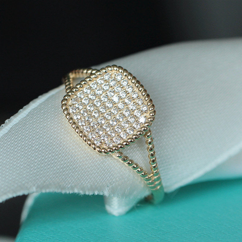 现货 韩国纯14K金满镶嵌方形面戒指 精致麻花锁边轻奢个性食指戒