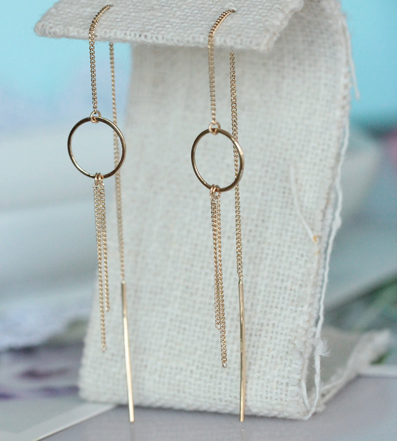 兔兔K金订货◆实拍◆韩国14K纯金扁链条流苏坠小圈圈耳线 绿丝绦