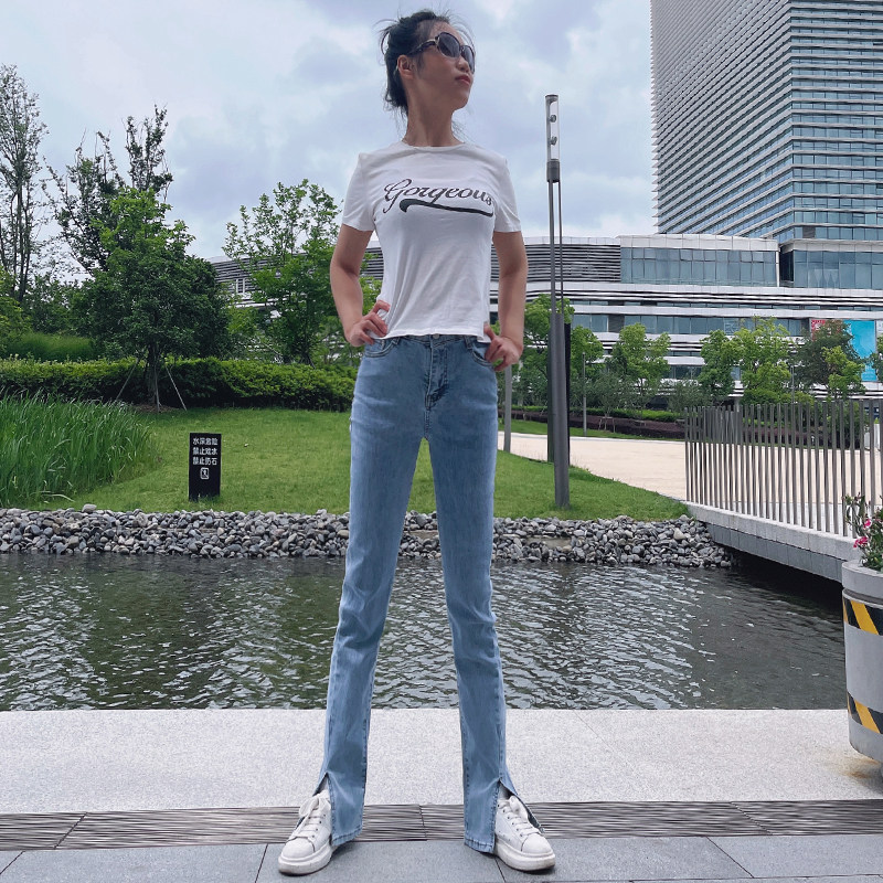 微喇开衩牛仔加长裤高个子高腰裤