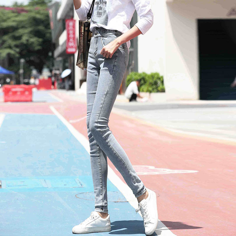 秋季水洗浅色牛仔小脚裤高弹力超长紧身裤女加长款高腰177长腿裤