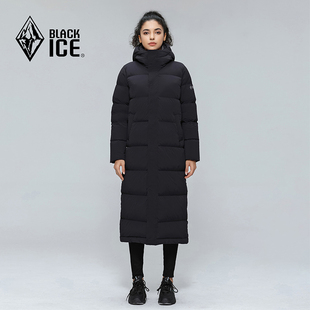 黑冰女款过膝加长羽绒大衣700蓬鹅绒连帽保暖羽绒服冬季保暖F8569
