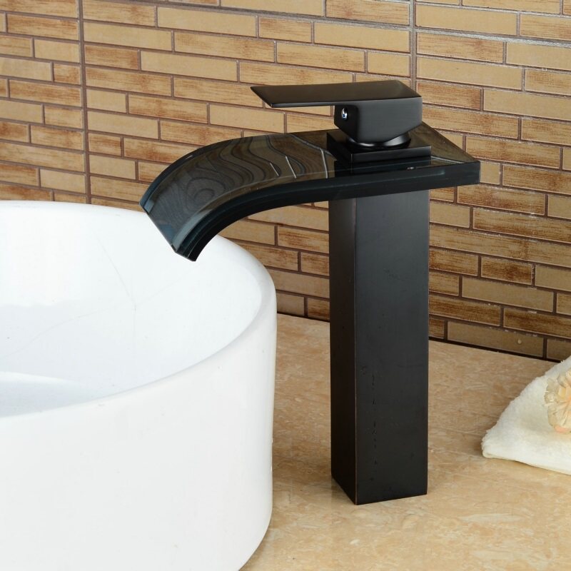 黑色水龙头 玻璃瀑布台上盆创意加高单孔欧式面盆冷热阀芯单把