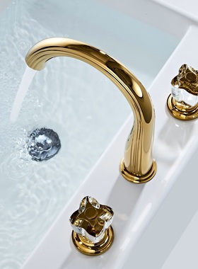L0551金色冷热三孔面盆水龙头洗脸盆卫生间浴室水晶手柄分体