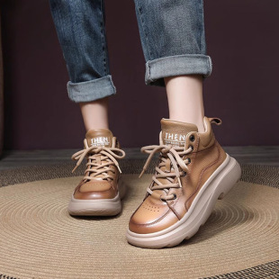 复古加绒增高松糕休闲鞋 加绒短靴 女2025秋冬新款 厚底真皮高帮板鞋