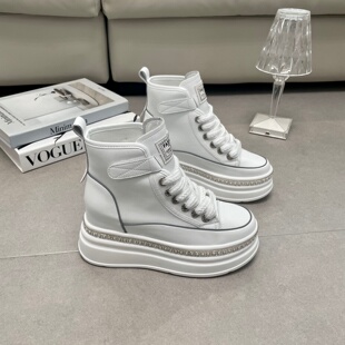 厚底水钻真皮高帮鞋女内增高休闲松糕小白鞋内增高鞋加绒时尚棉鞋