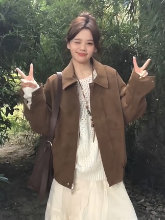 复古洋气韩系休闲麂皮绒外套女法式春2025年新款减龄小个子夹克