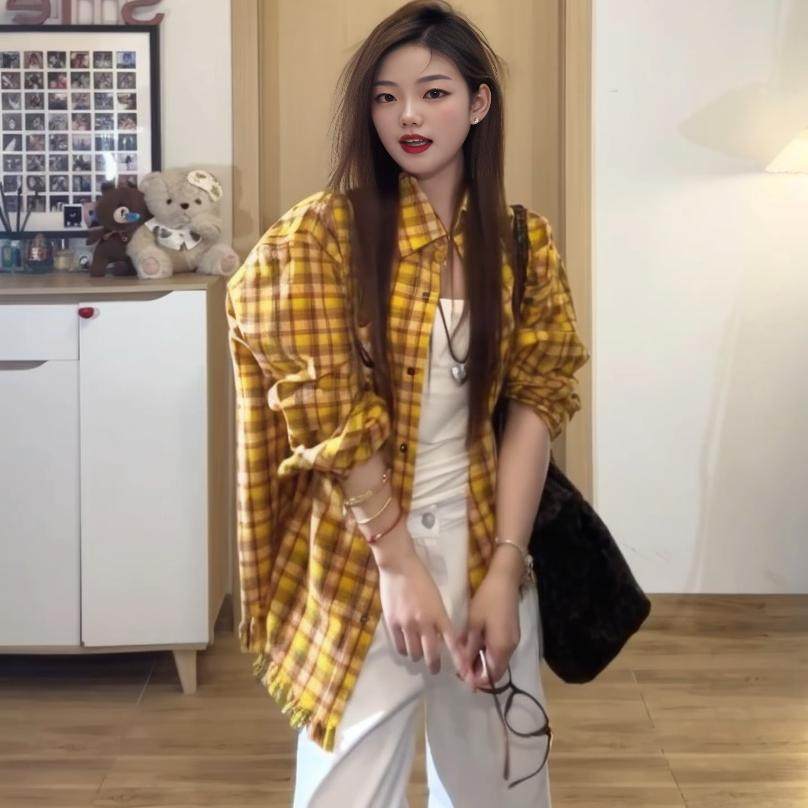 复古美式格子早春黄色衬衫外套女夏薄款宽松长袖防晒衬衣潮