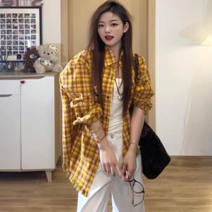 复古美式格子早春黄色衬衫外套女夏薄款宽松长袖防晒衬衣潮