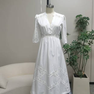 2025夏季新款ba法式优雅镂空刺绣收腰棉质约会连衣裙白色