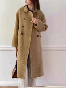 现货 大衣外套 韩国东大门女2025双排扣翻领苏丽羊驼毛绒中长款
