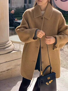 现货即发韩国OUNCE冬季气质纯色温柔翻领单排扣羊毛毛呢大衣外套