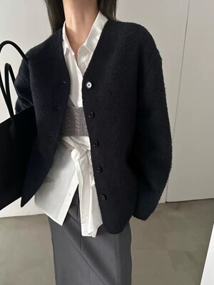 现货 韩国东大门room简约气质纯色V领宽松羊毛大衣外套