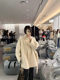 现货 韩国东大门冬季ROOM系腰带短款苏丽羊驼毛阿尔巴卡大衣外套