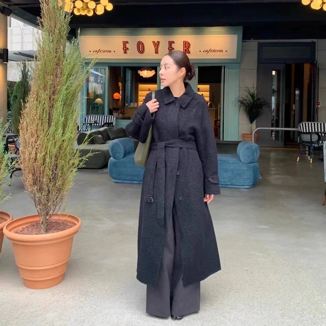 现货 韩国东大门2024冬季ounce女神高品羊毛羊驼毛长款大衣外套