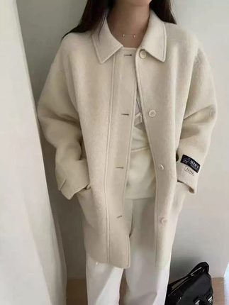 现货韩国东大门秋冬新款ATMOSPHERE翻领大口袋宽松羊毛羊驼毛大衣