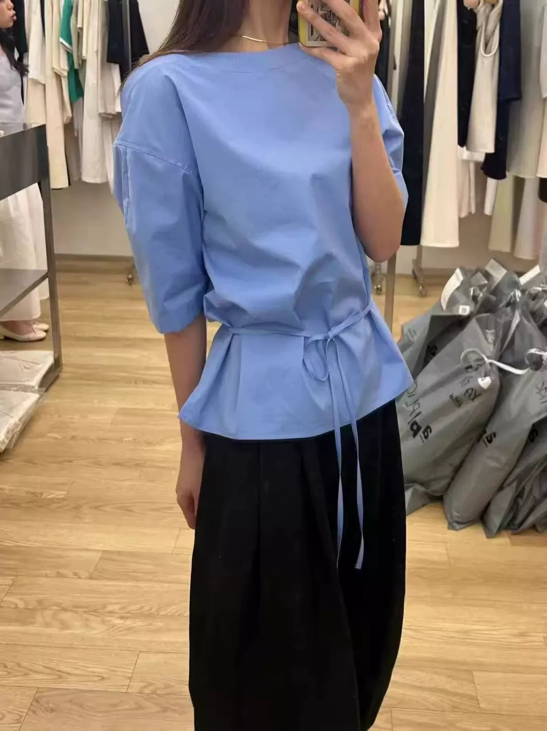 现~utre韩国东大门代购女2025夏季时尚套头净版系带棉质短袖衬衫