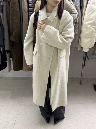韩国代购温柔气质奶白色翻领双排扣苏丽羊驼绒中长款大衣羊毛外套