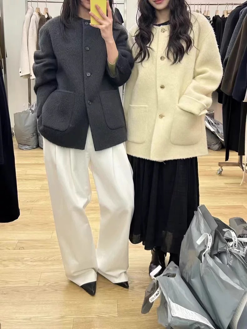 韩国东大门utre贝贝羊驼毛手工双面大衣外套无领小香风款