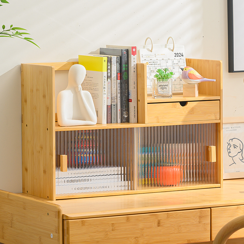 桌面书架置物架简易小型办公室桌上书柜杯子收纳架子竹长虹玻璃柜