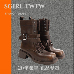 Sgirl 方头机车靴方跟增高英伦风马丁靴复古骑士靴 twtw中筒靴新款
