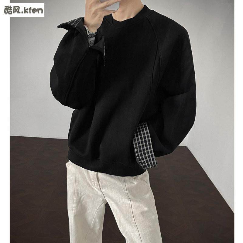 秋装 重磅套头罗纹格子拼接卫衣情侣短款外套男 H1132 特P55