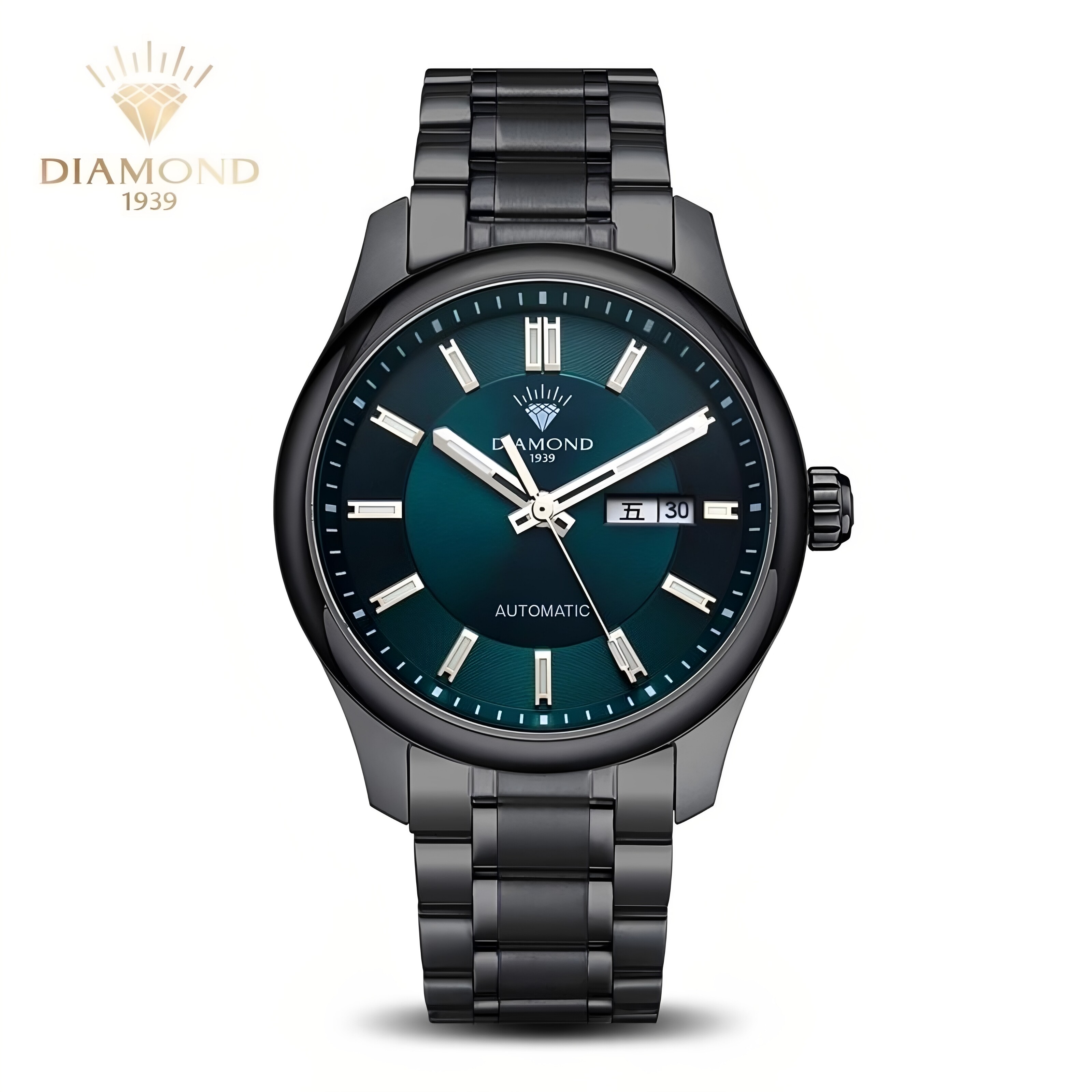 上海钻石牌手表简约大三针双历背透自动机械表时尚夜光学生机械表