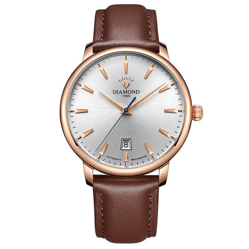 上海钻石牌手表自动玫瑰金机械表简约背透大三针带日历男生手表