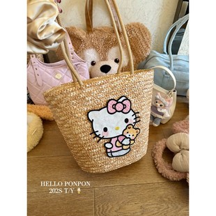 新品 自制春夏大容量单肩包kitty猫甜美草编包旅游度假托特水桶包