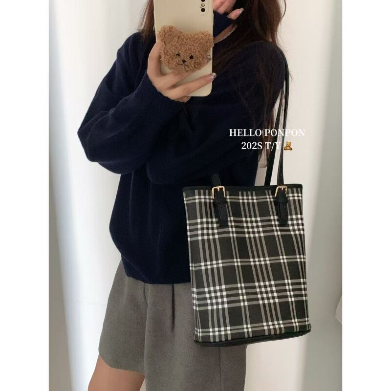 原创新品自制黑白格纹水桶包气质通勤高级单肩包百搭大学生托特包,箱包皮具/热销女包/男包,通用款女包,淘宝优惠券,粉丝福利购,淘宝优惠卷