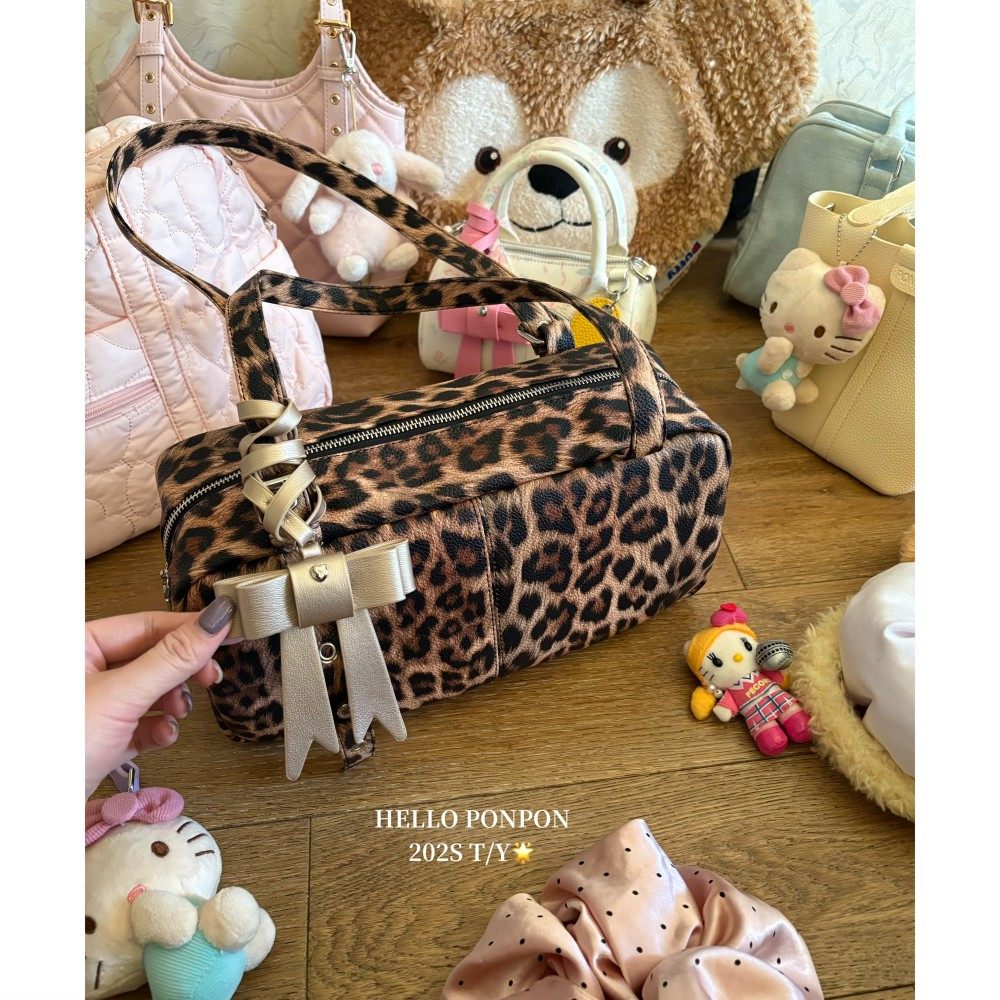 日韩风自制古早辣妹豹纹单肩包甜心蝴蝶结软皮腋下包皮带扣机车包