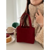 韩国新品 自制秋冬圣诞新年绒面红色小包麂皮迷你手提包轻便手机包