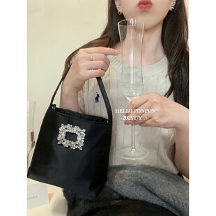 法式新品自制闪亮水钻石绸面手提包方扣链条斜挎包通勤时尚小包