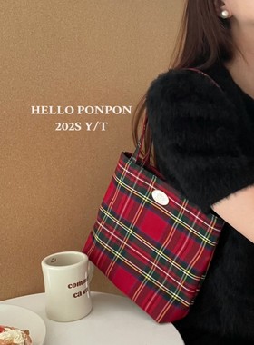 韩系新品自制红色格子纹手提包氛围感轻便小布包潮上班通勤单肩包