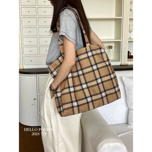 格子卡其色帆布大包包