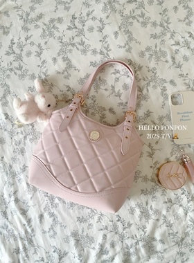 韩系新品自制小香风菱格包包粉色通勤手提包甜美百搭托特单肩包