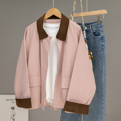 复古撞色高级感粉色纯棉外套女