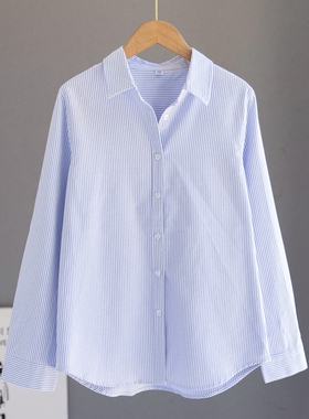 出口外贸蓝色条纹衬衫女OL风女通勤上衣面试正装衬衣职业打底衫