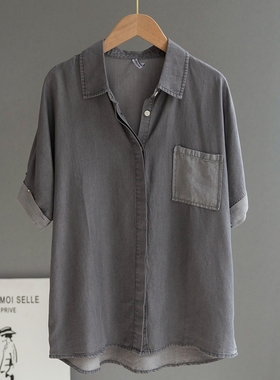 出口外贸日单女装夏季设计感小众烟灰色短袖衬衫女休闲复古上衣