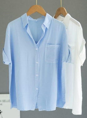 出口外贸高端浅蓝色天丝短袖衬衫女气质OL垂感衬衣宽松显瘦上衣夏