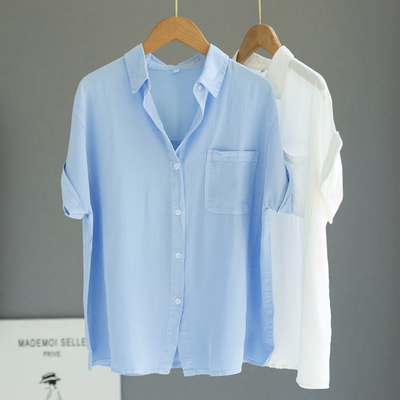 天丝浅蓝色短袖衬衫干净清新