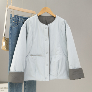 撞色圆领棉衣女高级感小个子保暖棉服浅蓝色夹棉外套好看夹克上衣