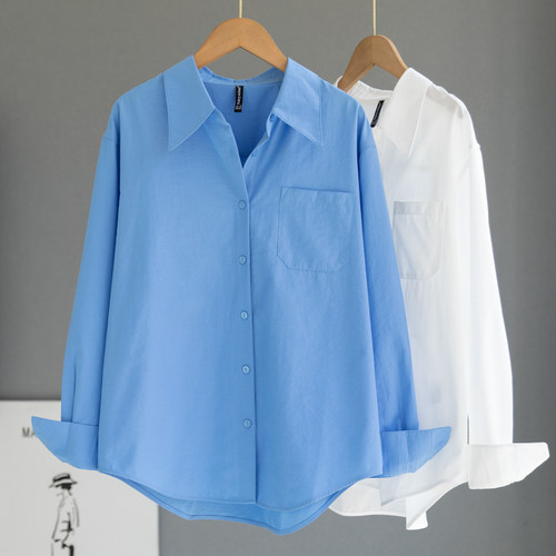 克莱因蓝高级感法式衬衫女长袖微宽松休闲叠穿衬衣通勤百搭上衣