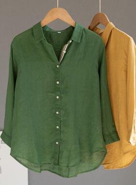 纯亚麻绿色七分袖衬衫女设计感小众显白衬衣高端休闲通勤上衣透气