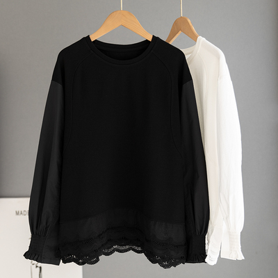 设计感小众黑色蕾丝拼接T恤女